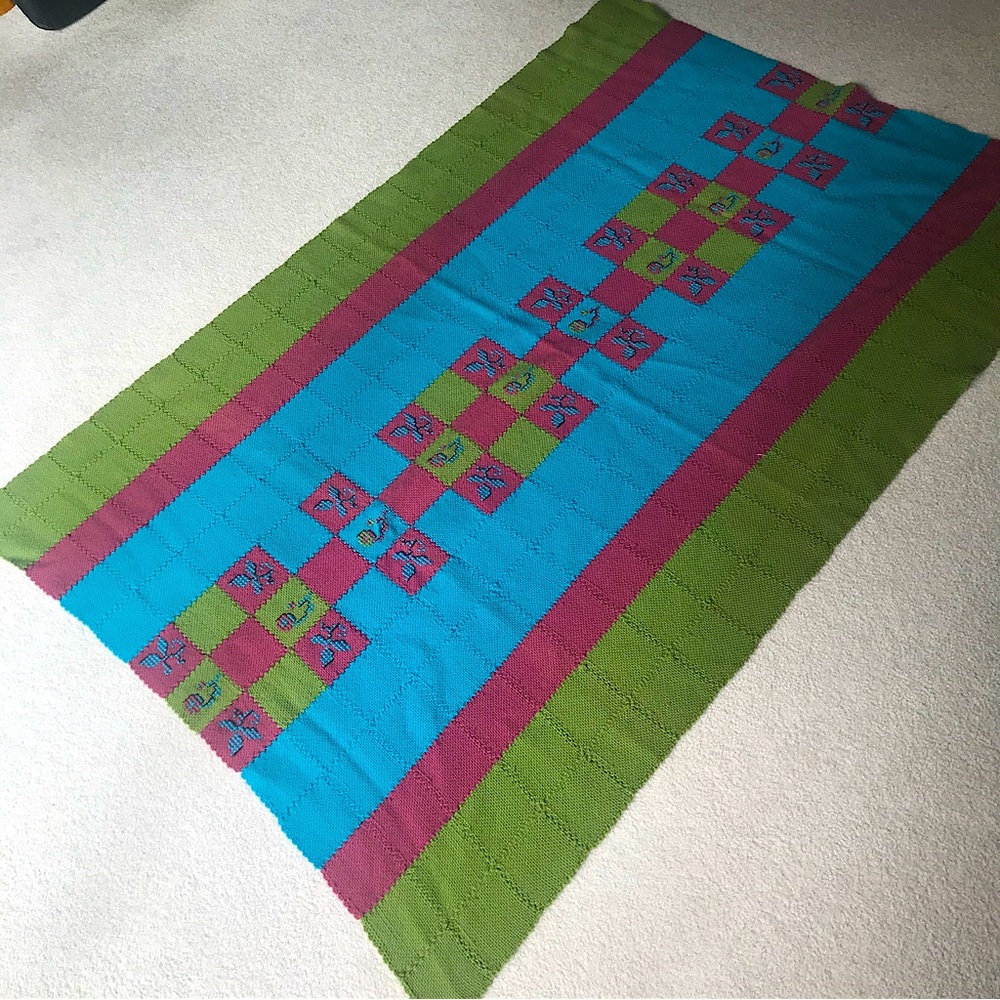 VINTAGE Handmade Wool Knit Crochet Patchwork Quilted Floral Blanket 46” x 68”